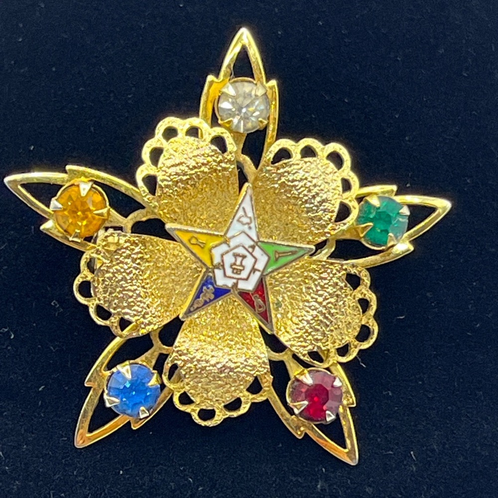 Vintage Order of Eastern Star Rhinestone Flower Pin  Freemasons Brooch